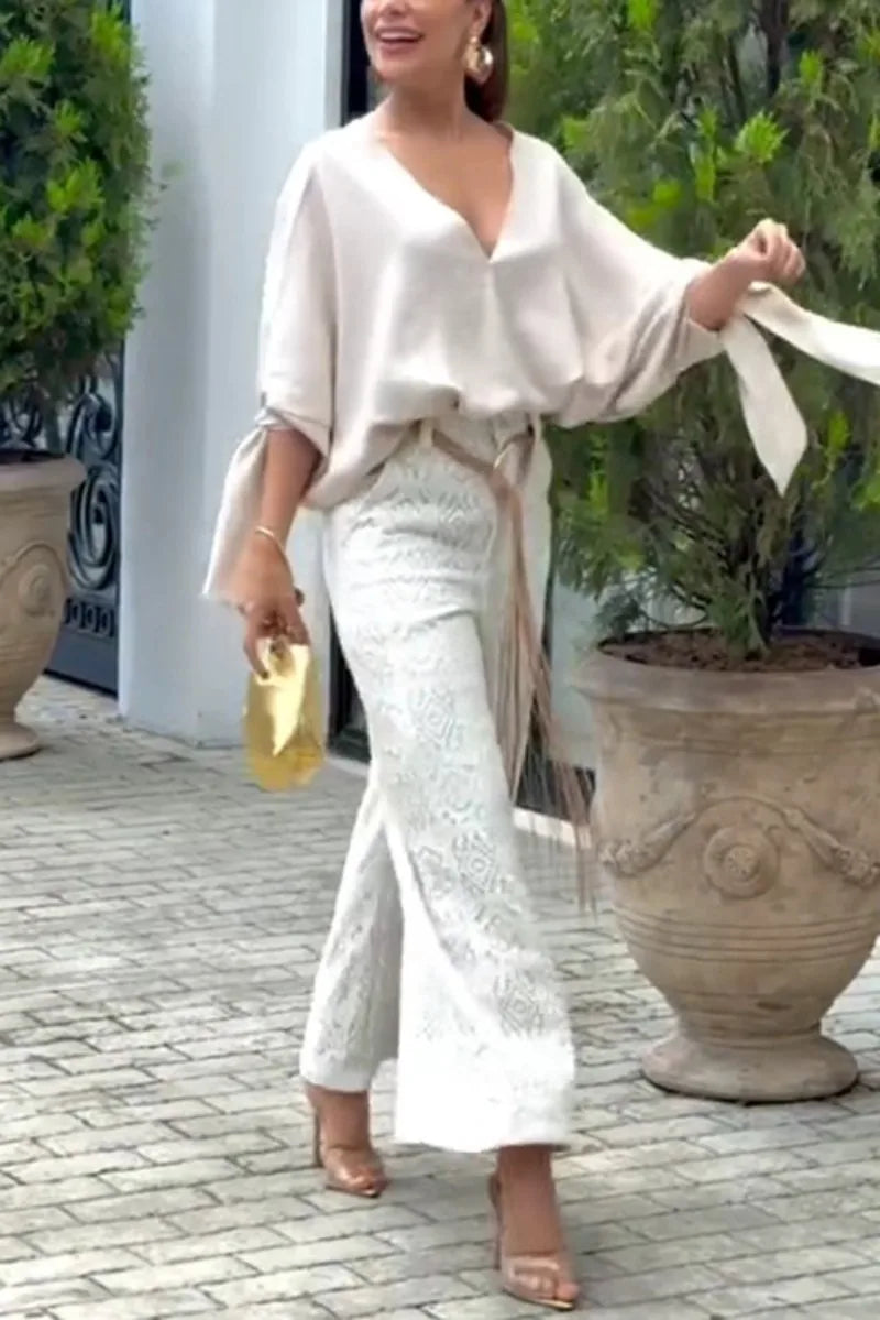 Elegant Women Pants Set Chic Loose Long Batwing Sleeve Shirt Top Wide Leg Pants Two Piece Trousers Set Lace Hollow Out Outfits