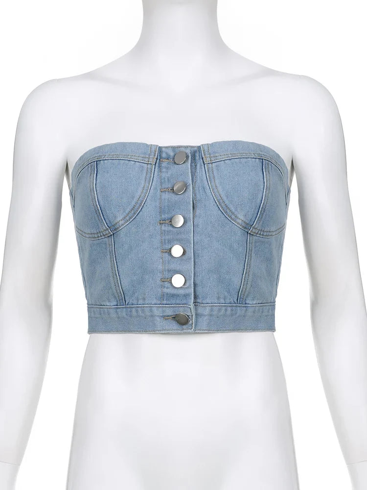 Off Shoulder Denim Corset Tops Clubwear Aesthetic Slim Milkmaid Bodycon Tees Y2K Buttons Crop Bustier Party Sexy