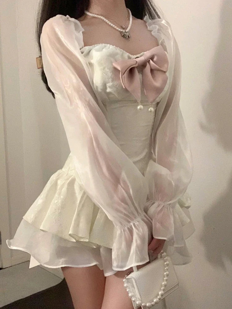 Medieval Floral Print Retro Satin Mini Dress for Women Off Shoulder Long Sleeve Birthday Dress with Bow Fairycore Cute