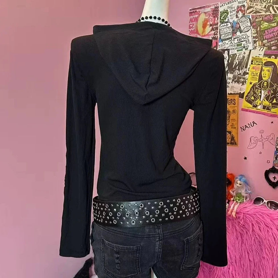 Y2K Gothic Black Slim Fit Pullover Hoodie Women Harajuku Butterfly Graphic Print Rhinestone Cropped Sweatshirt Hot Girl Clothing