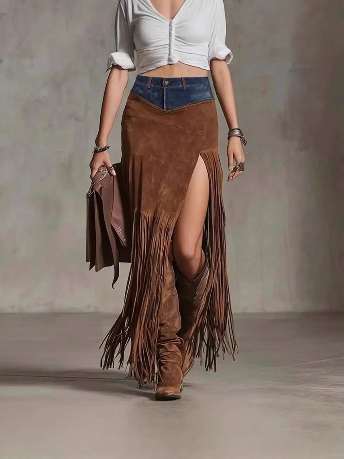 Womens Suede Skirt High Waist Midi Long Skirt with Tassel Splicing and Irregular Imitation Denim Hem Slit Casual Wear Long Skirt