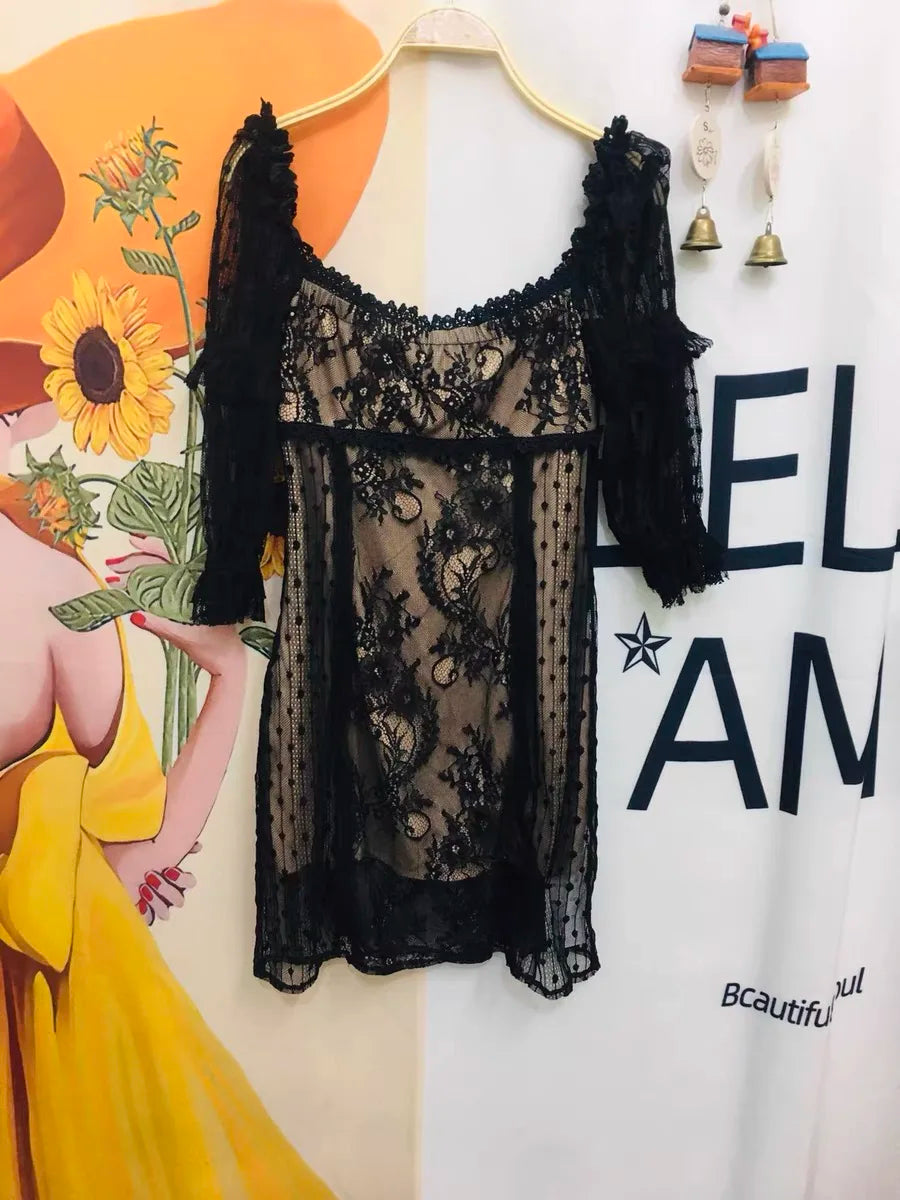 Sexy Halter Collar Hollow Out Lace Patchwork Puff Sleeve Mini Dress Bandage Hem Package Hips Ladies Party Robe