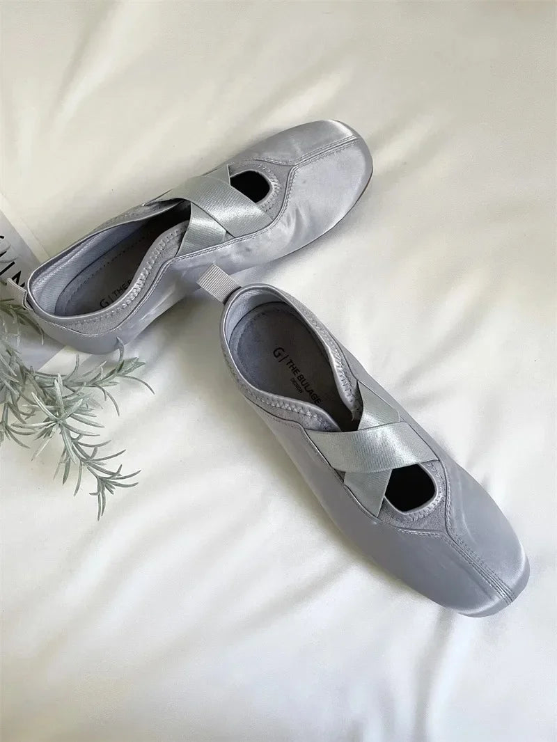 New Women's Ballet Slippers Pink Soft Sole Shallow Heel Round Head Fiberglass Fabric Retro Style Low Heel