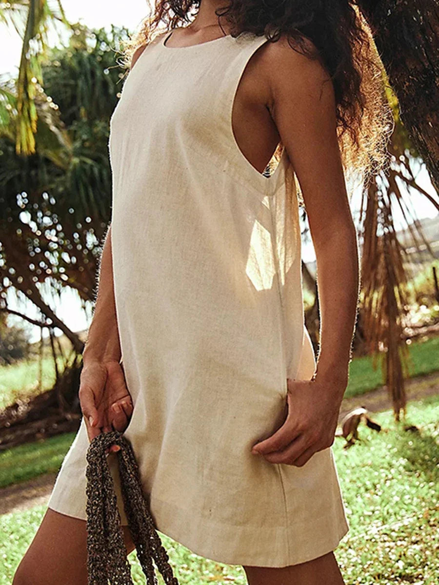 Solid Color Backless Mini Dress Women Crew Neck Sleeveless Simple Short Vestidos Summer Chic Casual Elegant A-line Dresses New