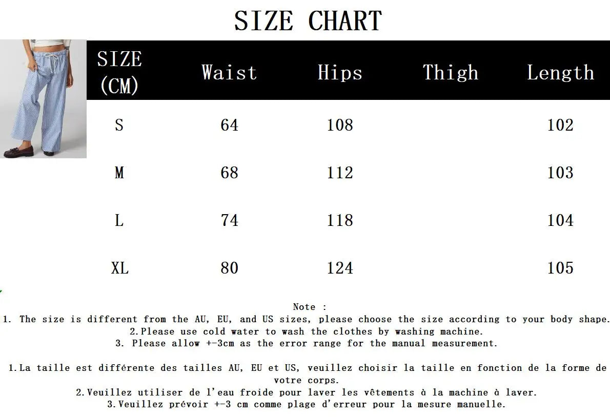 Summer Striped Casual Pants Women 2024 New Rise Low Waist Chic Drawstring Trouser Simple Fashion Wide Leg Pant Female Bottom