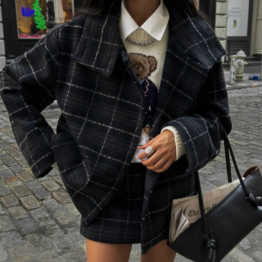 chic Plaid Lapel Women's Suit Jackets Casual Long Sleeved Pocket Single Breasted Coats Autumn Loose Office Commut Lady Outerwear