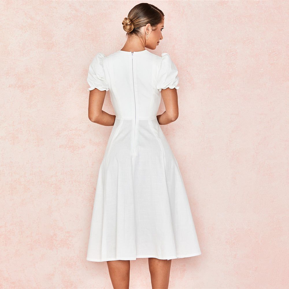 Sweetheart Ruched Puff Sleeve Button Front A Line Midi Dress