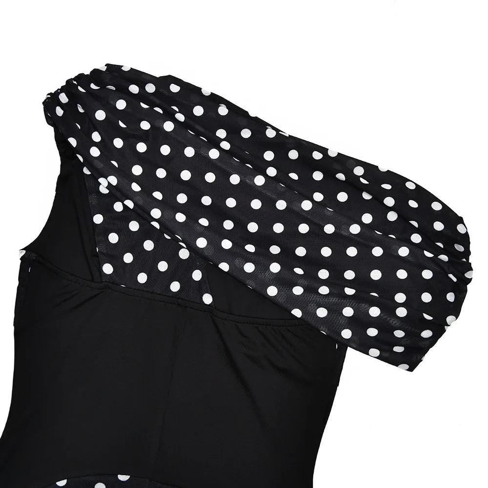 Personalized Design Diagonal Neck Off-the-shoulder Polka Dot Dress Female Sexy Slim Mesh See-through Backless Dress
