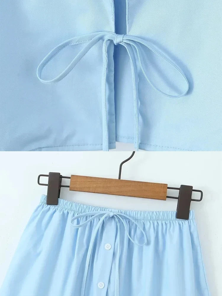 Light Blue Skirt Set Women Summer 2 Pcs Outfits Summer Spring Bowknot Buttons Female Set 2024 Flare Sleeve Top Skirt Set