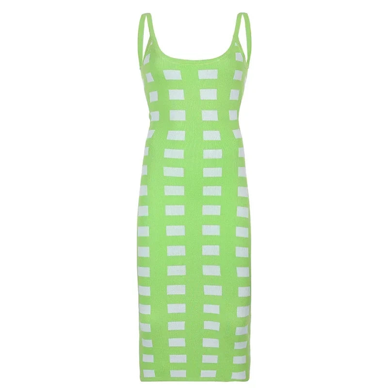 Summer Backless Plaid Knitted Long Dress Women Vintage Robe Sleeveless Bodycon Flexibility Strap Midi Dresses Party Fashion