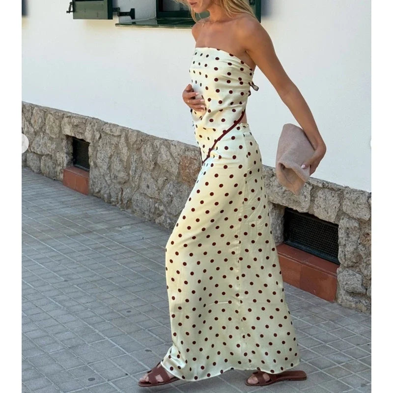 Women Satin 2Piece Skirt Sets Summer Trendy Polka Dot Outfit Y2k Strapless Tube Top + Maxi Skirt Silky Going Out Set