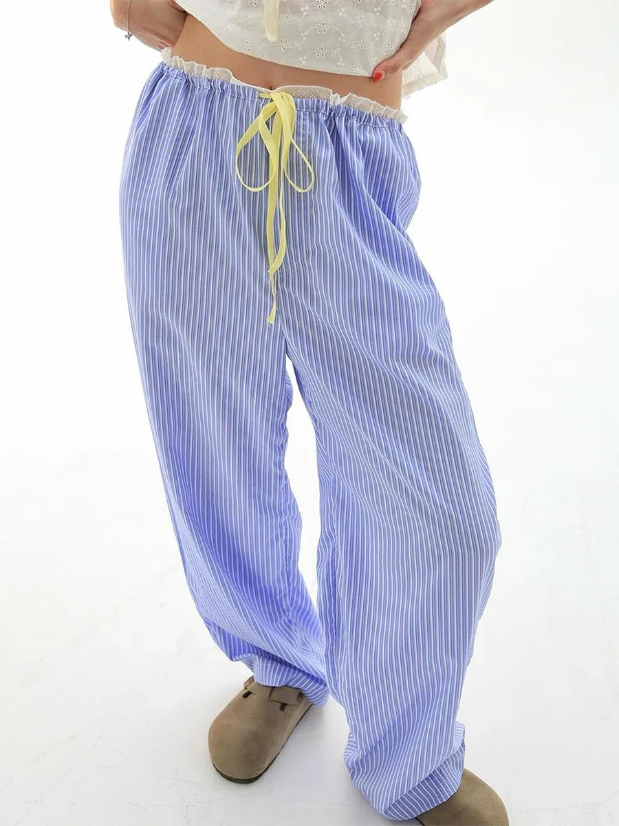 New Fashion Women Loose Pants Stripe Drawstring Elastic Waist Trousers Spring Summer Casual Sweatpants Hot Sale S M L
