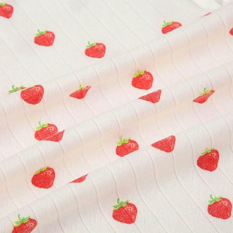 Strawberry Print Eyelet Two-piece Set Women Summer Sleeveless Slim Camis+Drawstring Pants Sets Home Cozy Sweet Casual Pajamas