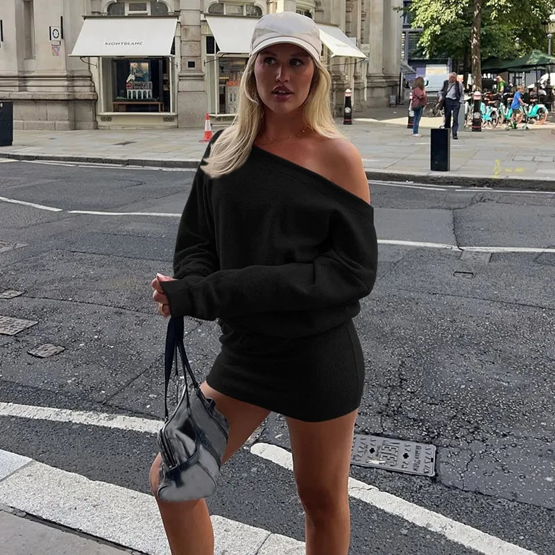 Women's Off-Shoulder Dress Solid Color Long Sleeve Elastic Waist Slim Fit Hip Wrap Mini Dress Fall Fashion Streetwear