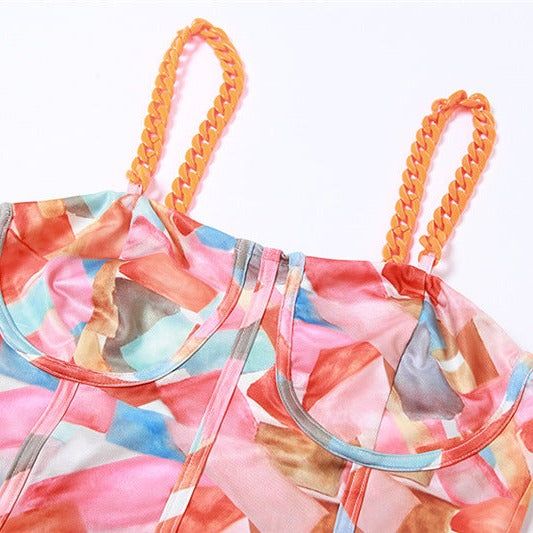 Bustier Corset Abstract Print Chain Strap Ruched Mini Dress