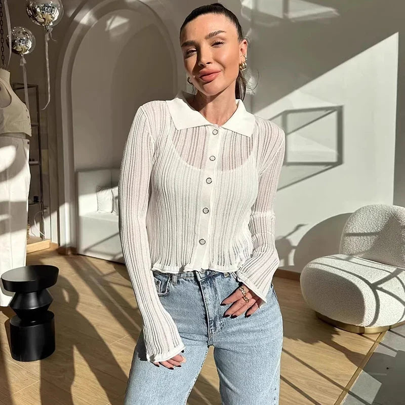 Sheer Knit Cardigan For Women Casual Lapel Patchwork Button Sweater Cardigans Street Slim Party Elegant Slim Blouse 2026