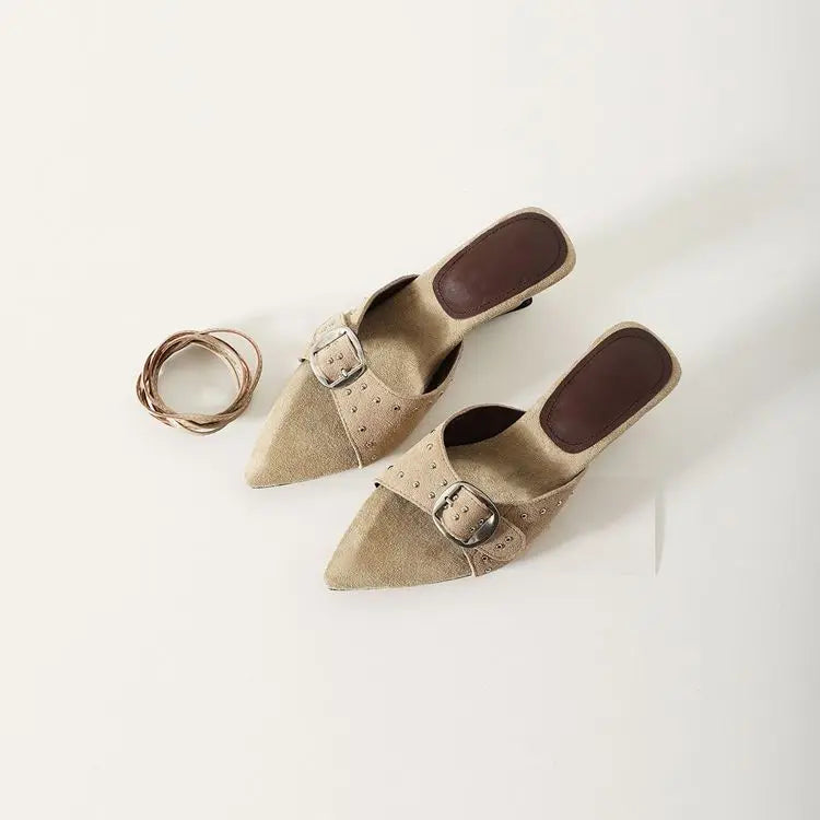 Retro Rivet Women's Pumps and Heels French Pointed Toe Strap Summer Luxury Women's Sandals Fashion Open-toed Wedge Shoe