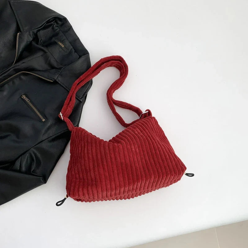 Beige Corduroy Bag For Women Simple Shoulder Bag Versatile Shopper Underarm Handbag Purse Zipper Small Messenger Bag Travel