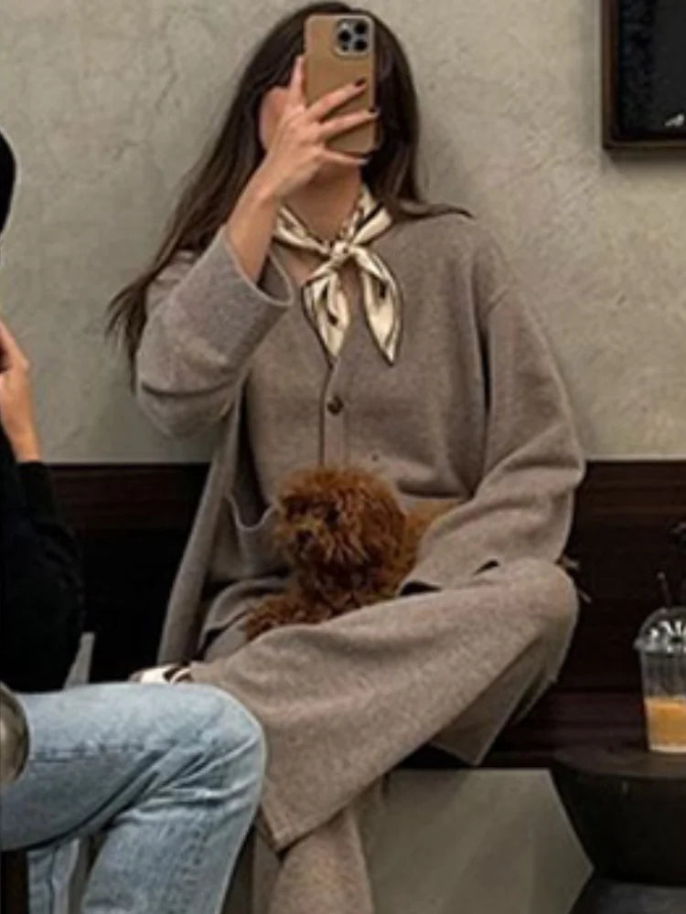 New Chic V-neck Buttons Cardigan Sets With Pockets Women's Solid Knitted Wide Long Pants Suit Lady Daily Streetwear Autumn