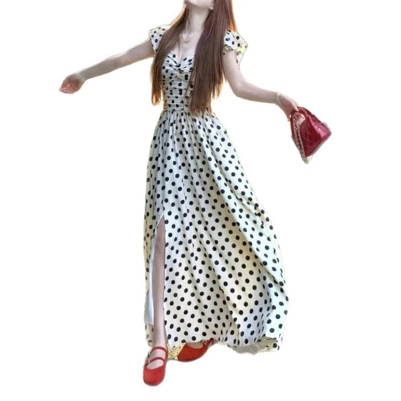 Polka Dot Dress Women's Summer High-end Seaside Vacation Xiaofei Sleeve Temperament Waist A-word Long Skirt
