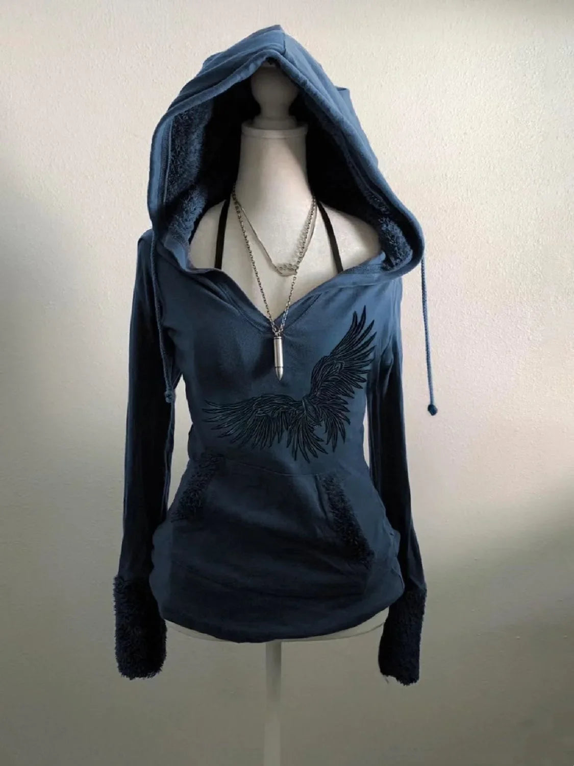 Y2K Blue Lamb Wool Pullover Sweatshirt Womens Harajuku Wings Graphic Embroidered Slim Sweatshirt Gothic Retro Sexy Hot Girl Top