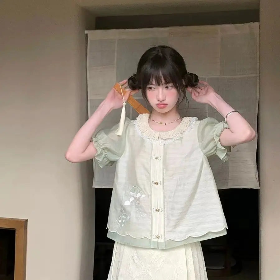 Cream Patched Lace Wide Leg Pants Cat Embroidered Chinese Style Sweet Short Sleeve Blouses Summer Two Piece Set Women Outfits