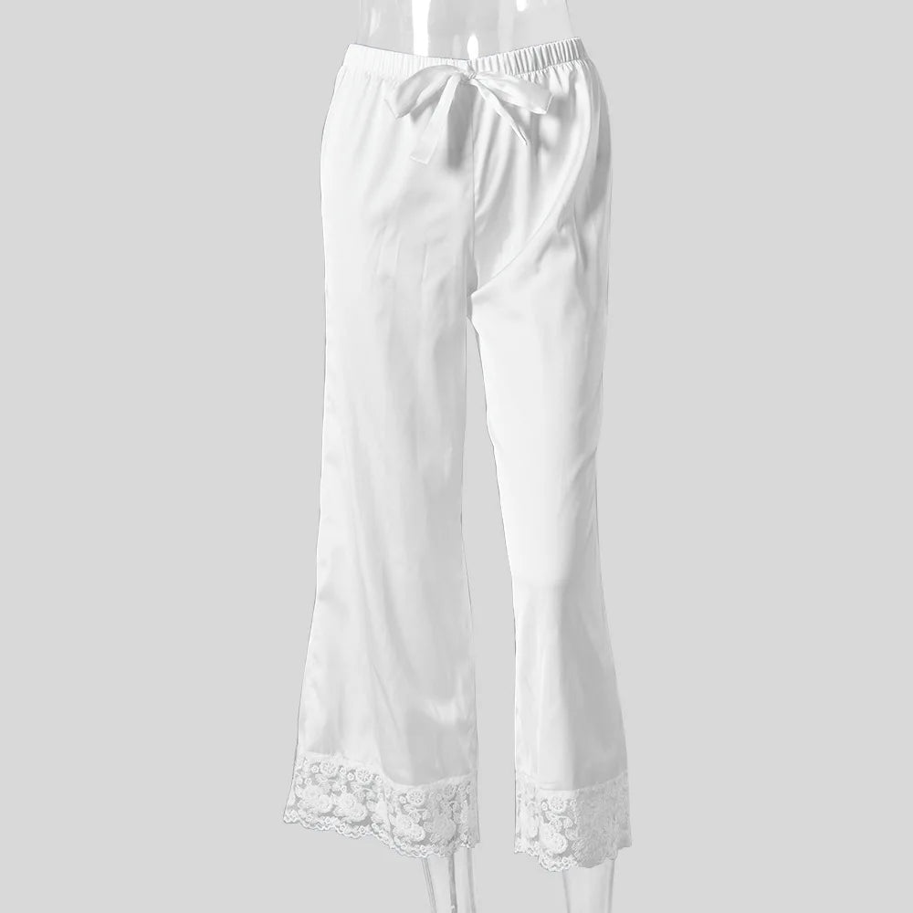 Lace Satin Patchwork Pants Solid Color Lace Up Elastic Waist Women's Casual Lace Bottom Wide Leg Pants Daily Chic Outfit