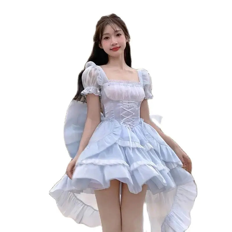 Japan Fashion White Mini Dresses Women French Stitching Wood Ears Lace Cross Lacing Up Short Sleeve Short Dress Holiday Clothin