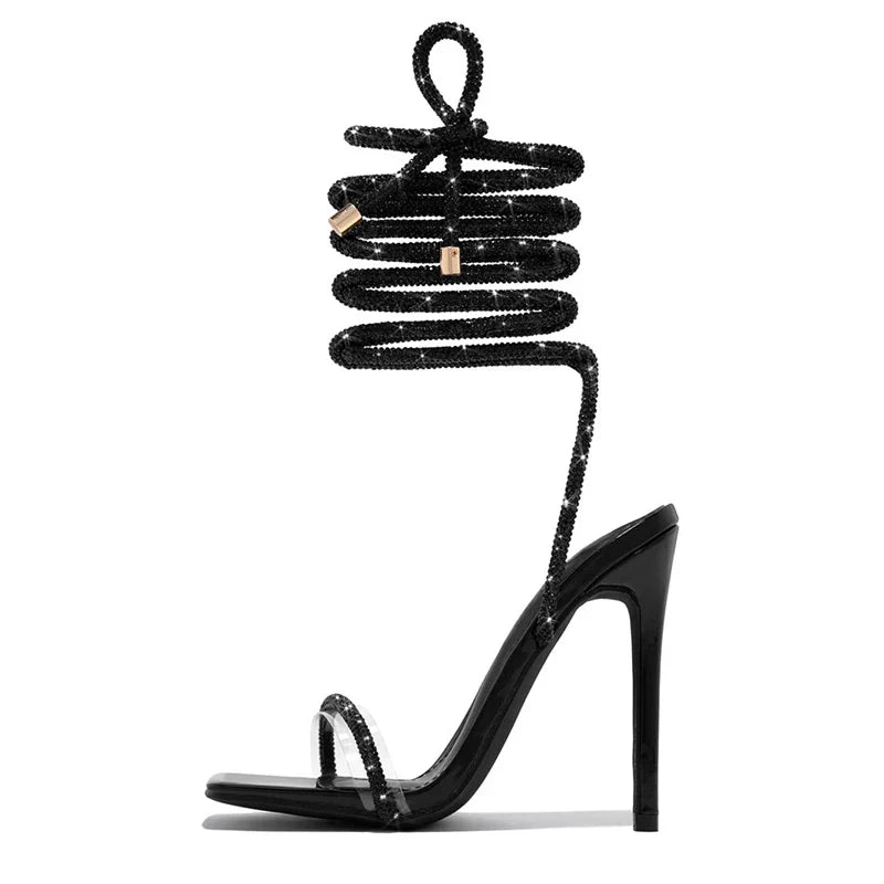 Street Style Lace Up High Heels Sandals Women Square Head Open Toe Banquet Wedding Summer Shoes Ladies Gladiator Sandals