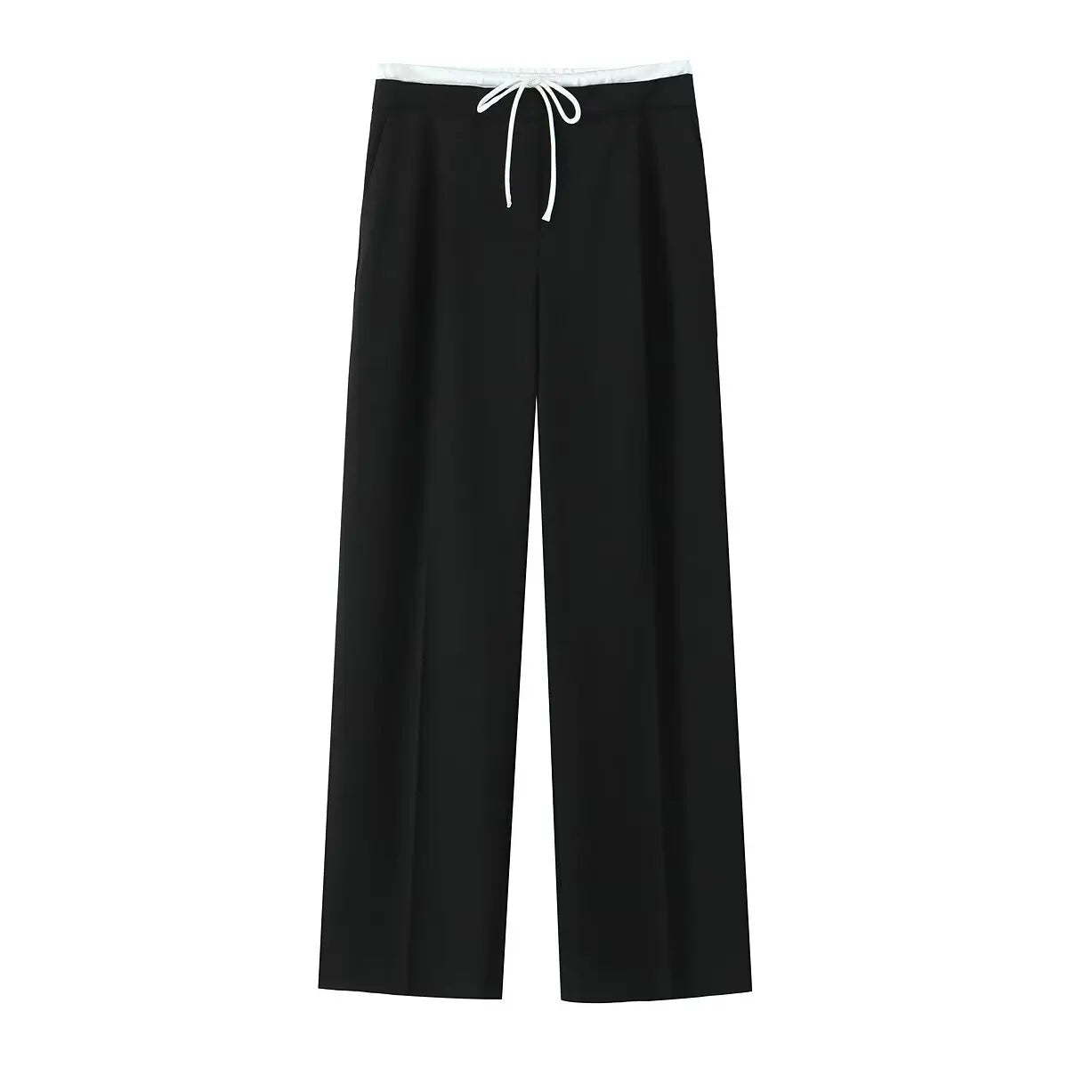 Spring Streetwear Patckwork Black Women Pants High Waist Elastic Wide Leg Long Pants Fashion Summer Bow Tie Trousers