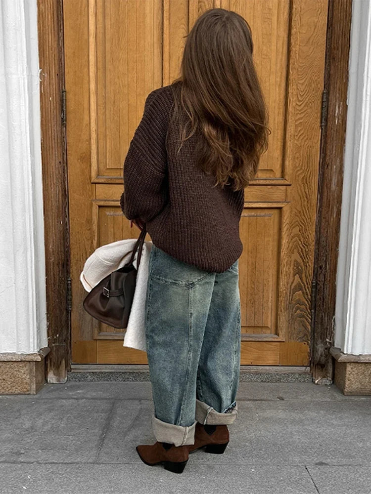 Vintage Women's Crochet Sweater Autumn Winter Loose O-neck Long Sleeve Solid Pullover Lady Knit All-match Knitwear Female Casual