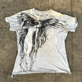 Vintage Style of Embroidered Flowers Y2K Summer New Slim Short-sleeved T-shirt Female V-neck Small Waist Top Street Clothes