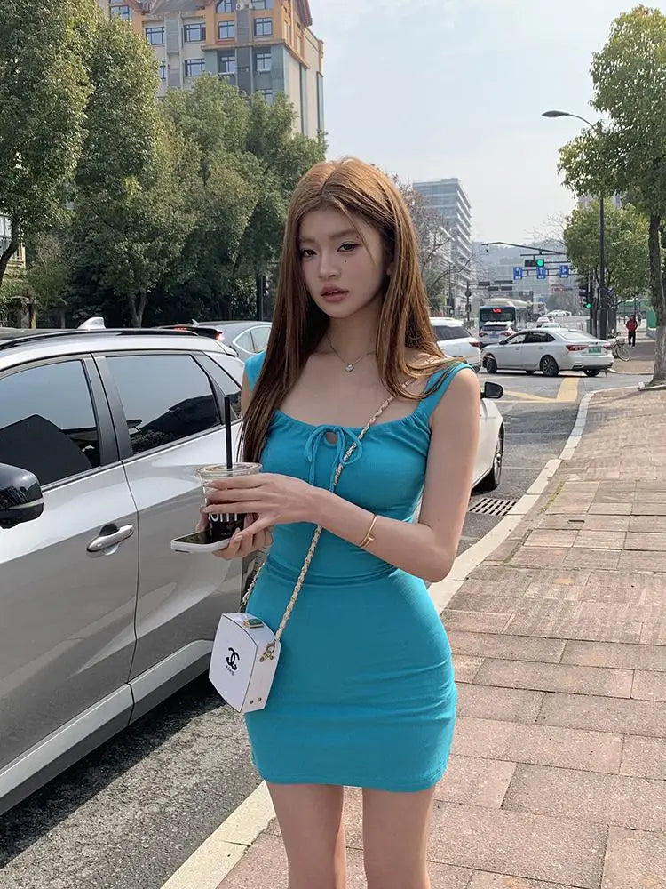 Summer Pink Sexy Club Wrapped Hip Slip Short Dresses Women Blue Drawstring Lace-up Mini Dress 2024 Yellow Slim Backless Vestidos