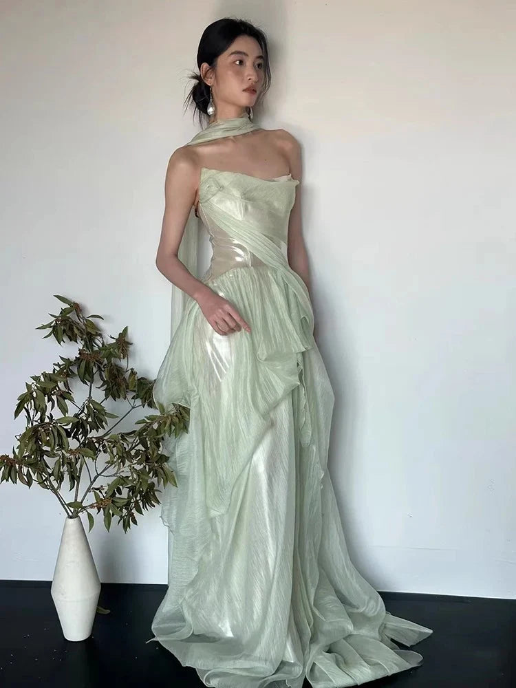 Mint Party Evening Dress Women Strapless Mermaid Pleat Formal Occasion Dress Elegant Shiny Backless Prom Gown Customized