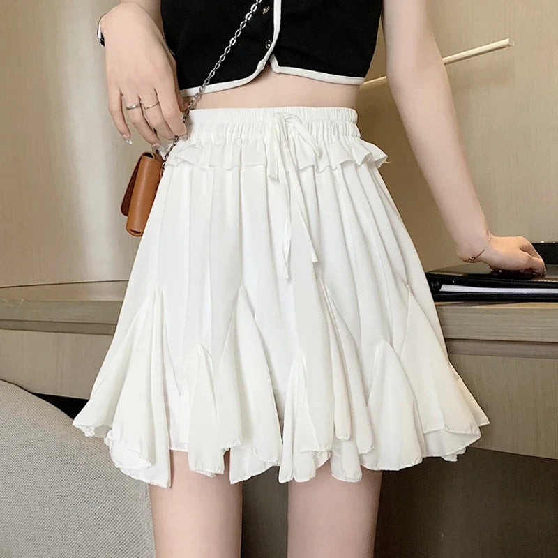 Coquette Mini White Skirts for Women Irregular Kawaii Pleated Skirt High Wasit A-line Lolita Style Fairycore Aesthetics