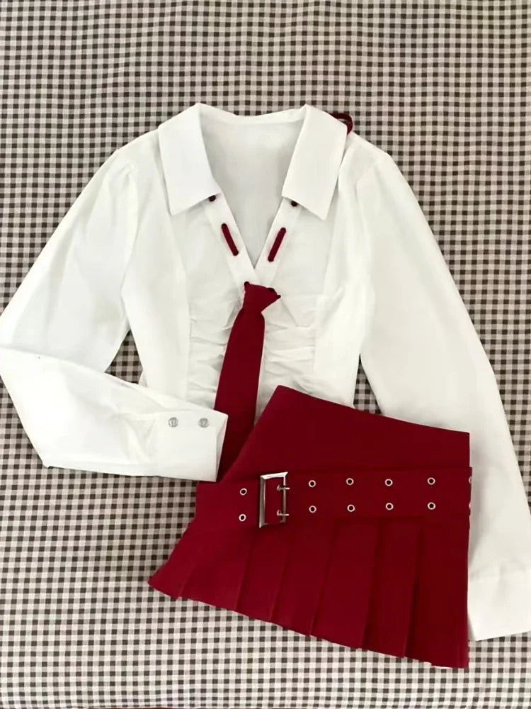 Autumn Hot Chick Thin 2 Piece Set Women Chic Design Solid Tie Shirt+High Waist Mini Skirt Female Korean Fashion Slim Suit New