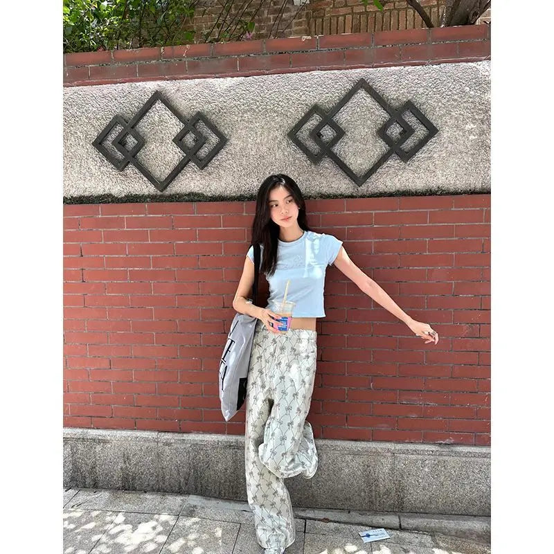 Y2k Vintage Baggy Pants Woman America Retro Casual Wide Leg Bow Print Trousers Sweet Harajuku High Street Pantalones