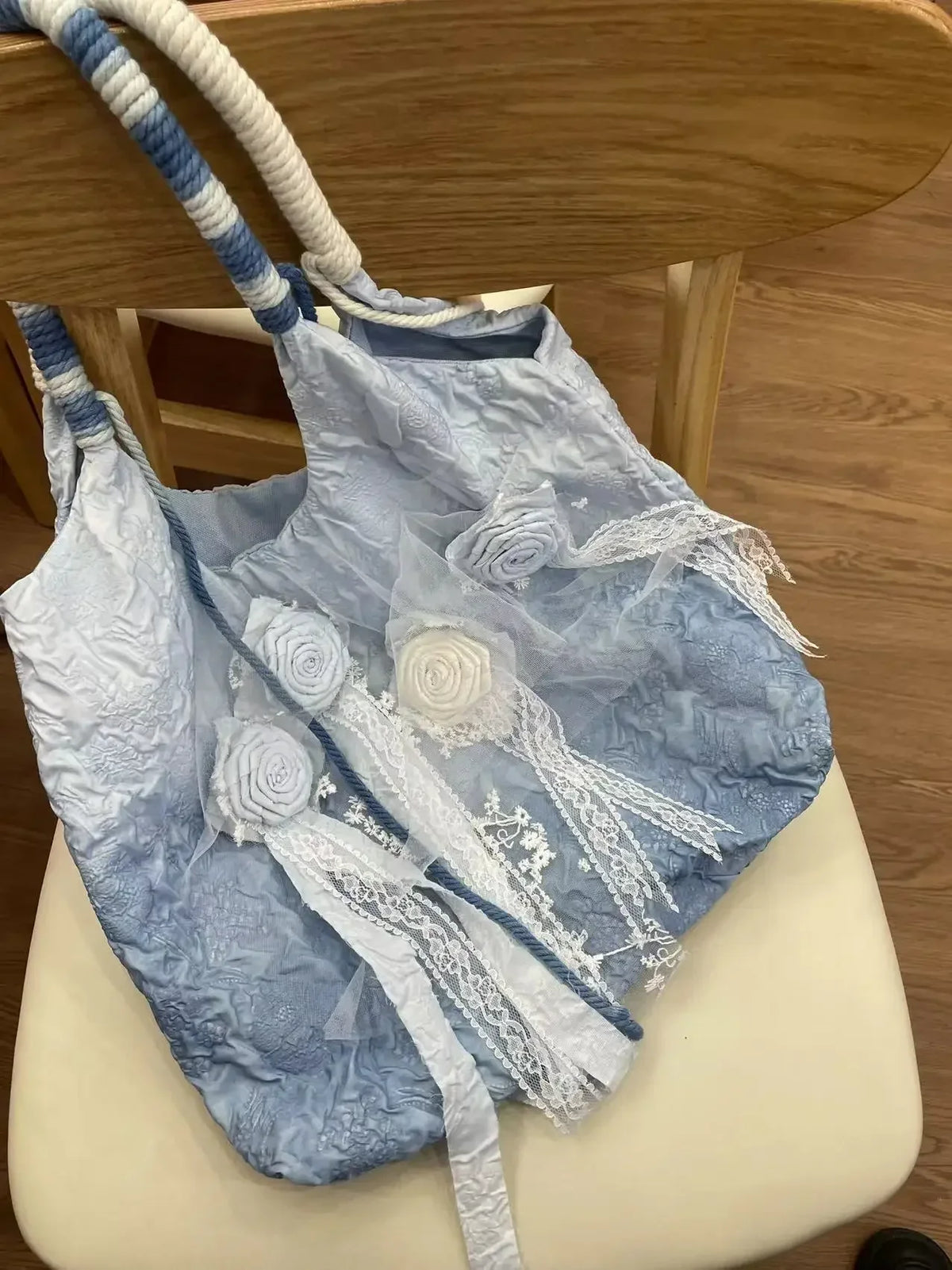 Blue Retro Satin Tie Dye Rose Pleated Shoulder Bag with Lace Fashion Women Chic Underarm Handbag
