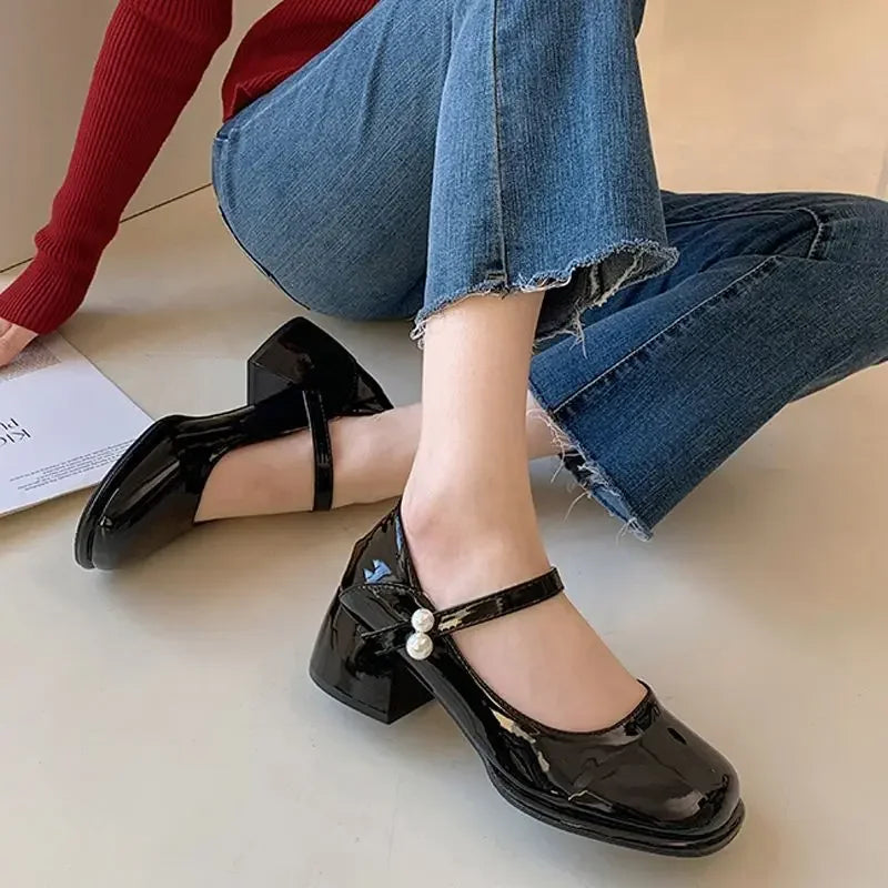 Pearl Square Toe Beige Women's Shoes Mary Jane With Medium Heels Chunky Luxury Leather Casual Japanese Style Lolita Gothic E 39