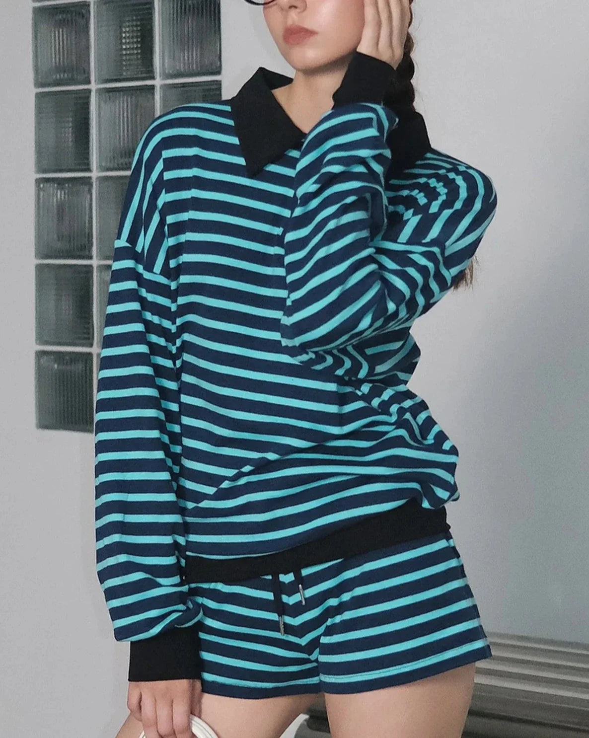 Two Pieces Set Women Long Sleeve Striped Pullovers Hoodies Shorts Matching Casual Streetwear Outfits Shorts Set