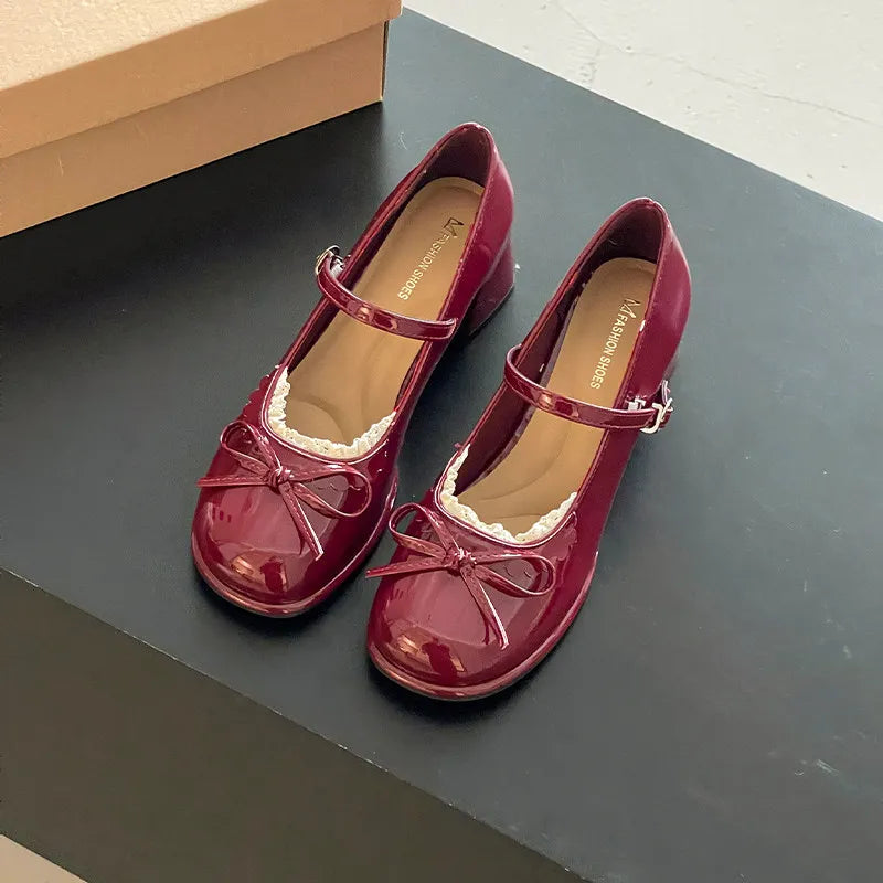 Spring Butterfly-knot Women Mary Jane Shoes Ladies Shallow Buckle Strap Shoes Eelgant Thick Heel Dress Leather Shoes