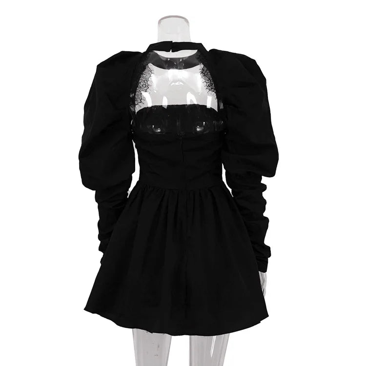 Lace Trim Puff Sleeve Bolero Overlay Flared Mini Dress