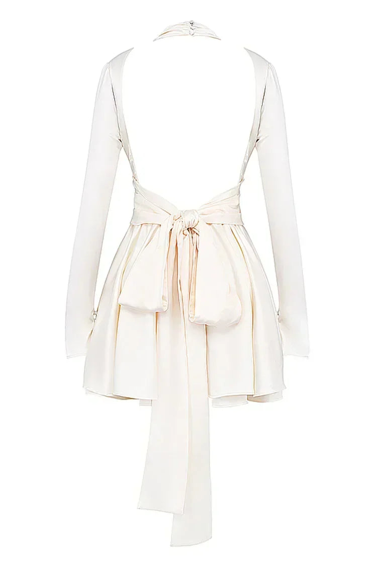 Long Sleeve Open Back Bow Tie Satin Mini Dress
