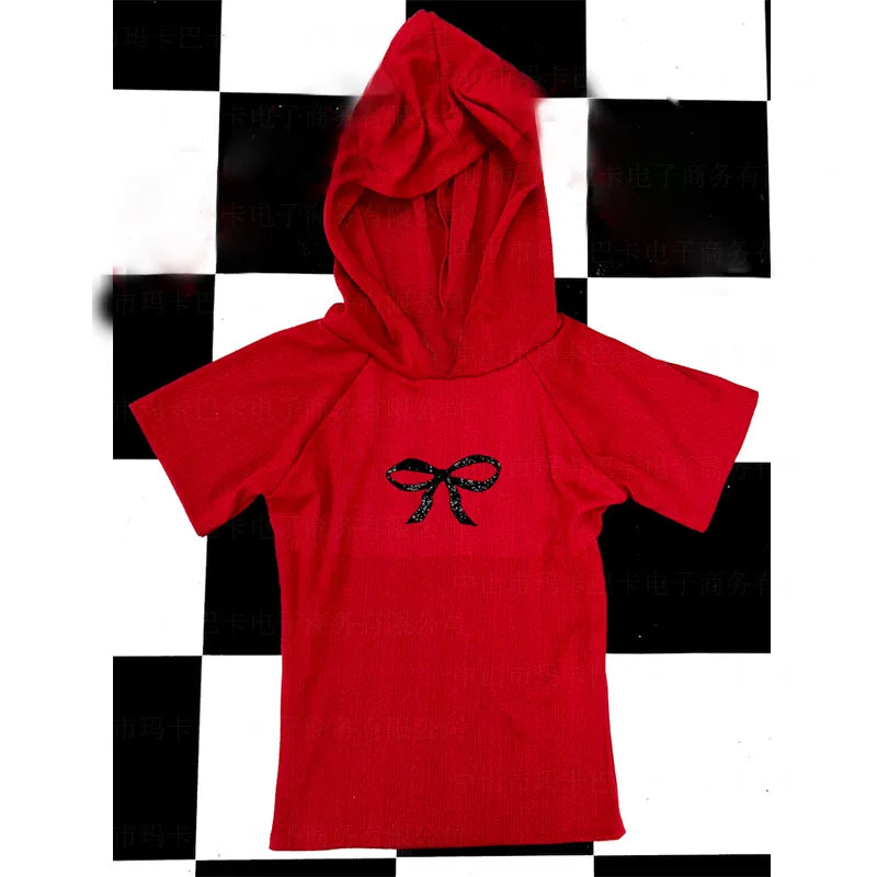 Contrast Bow Printed Hooded Crop Tees Women Short Sleeved Slim Versatile Pullover Top Hottie Sweet Y2K T-shirt Streetwear