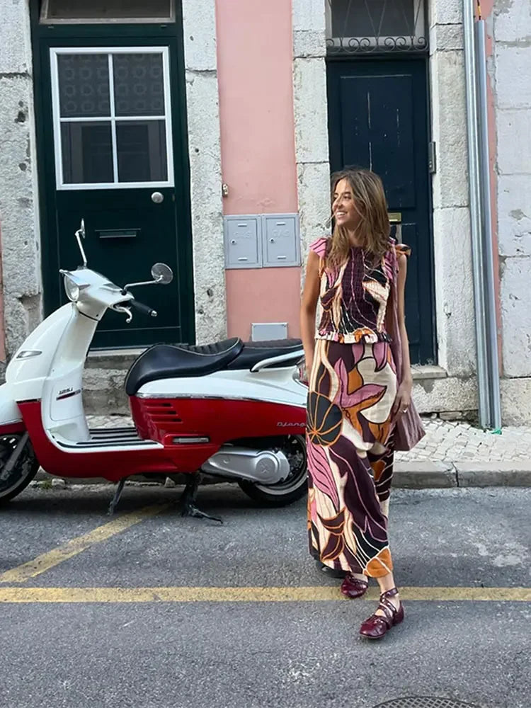 Summer Women's Printed Long Skirt Suit Casual O-neck Fly Sleeve Slim Pleated Tops Two-piece Set 2024 Lady Vacation Beach Outfits