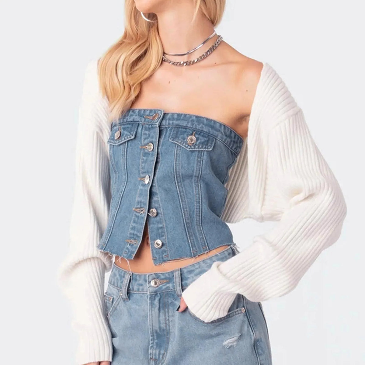 Button Down Jean Corset Strapless