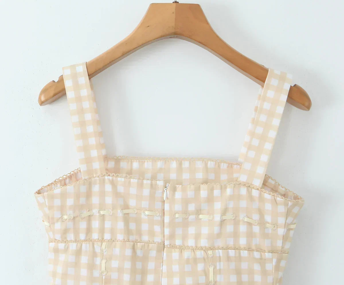 Gingham Check Square Neck Princess Seam Pleated Ball Gown Mini Dress