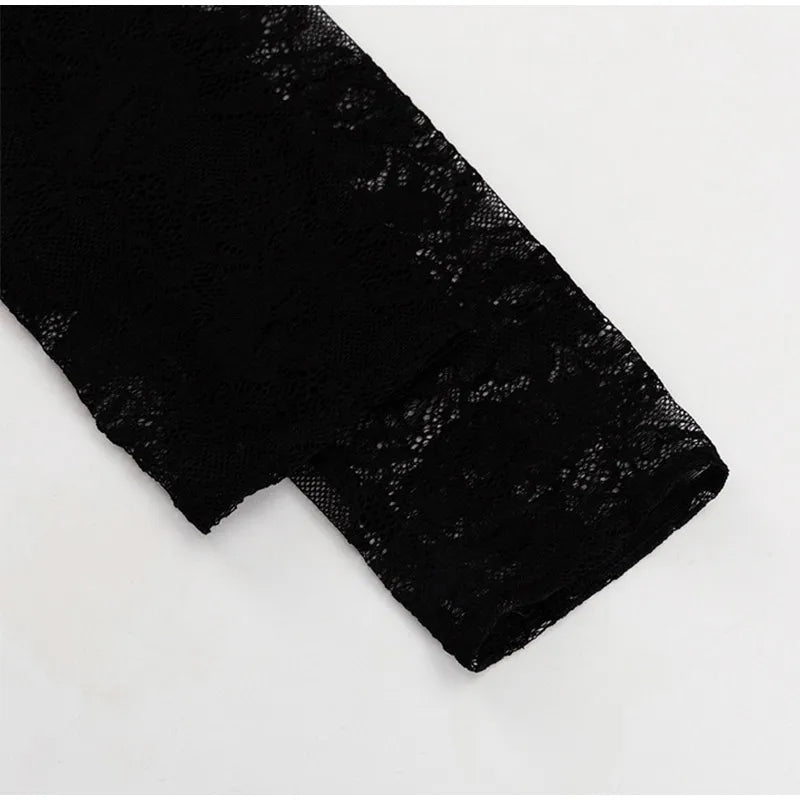 Sexy Lace Hollow Out A-lined Long Dresses Women Vintage Loose Perspective O-neck Black Dress Female Chic Elegant Party Street