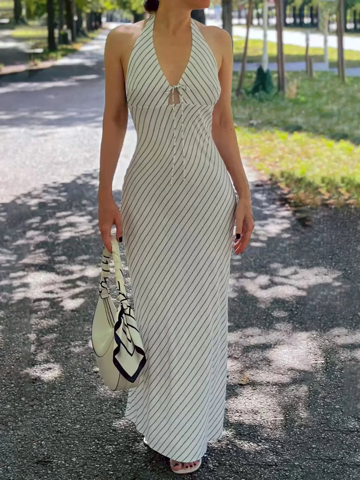Strip V-neck Lace Up Backless Long Dress Summer Elegant Sleeveless High Waist Slim A-line Dress Beach Vacation Dress