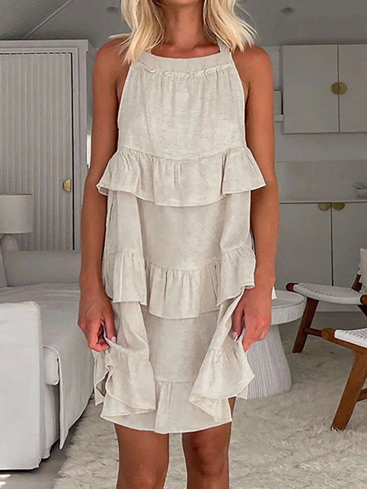 Ruffled Patchwork Casual Mini Dress Summer Women's Solid Color Party Dress Loose Sleeveless High Waist Party Mini Dress